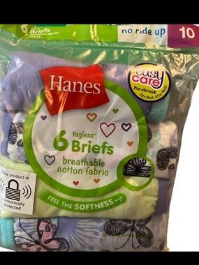 Hanes Girls Size 10 Cotton Briefs 6 Pack NIP Tagless Multicolor